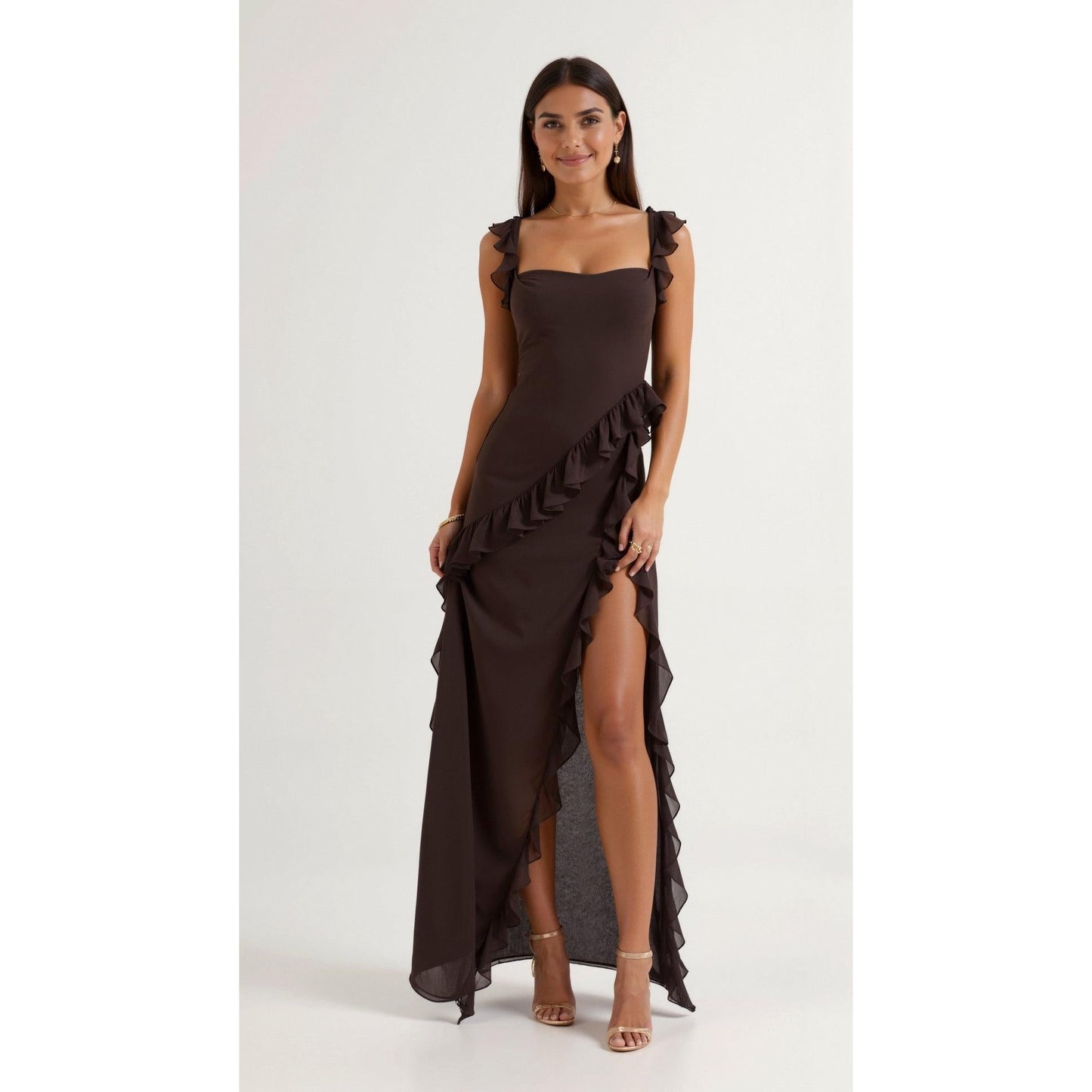 Annalisa | Damen Maxi Ballkleid Mit Rüschen Und Schlitz