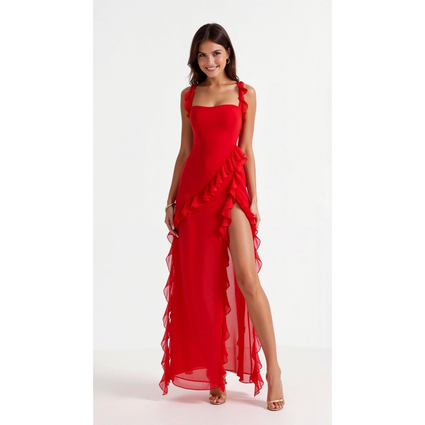 Annalisa | Damen Maxi Ballkleid Mit Rüschen Und Schlitz