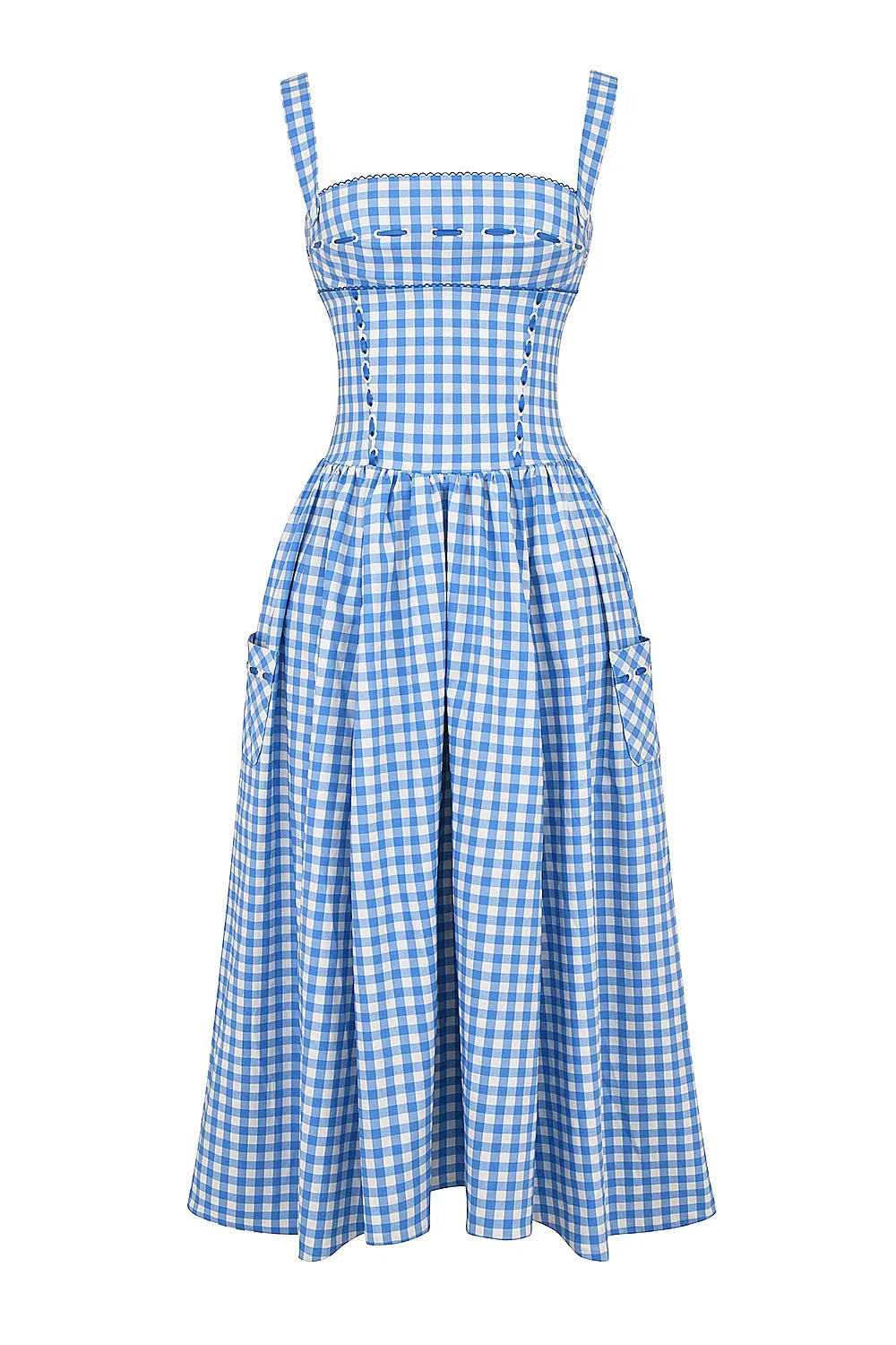 Mila | Damen Midikleid Mit Karomuster, Trägern Und Fronttaschen