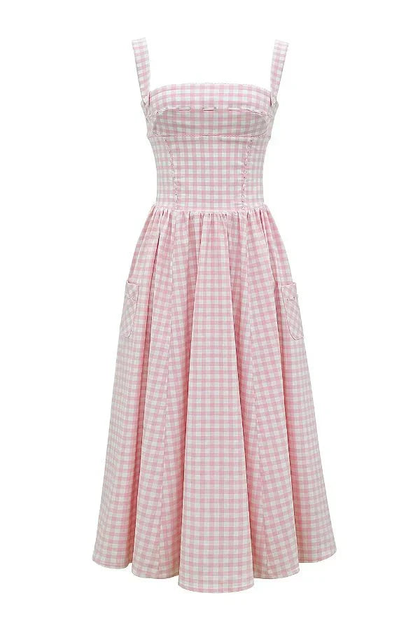 Mila | Damen Midikleid Mit Karomuster, Trägern Und Fronttaschen