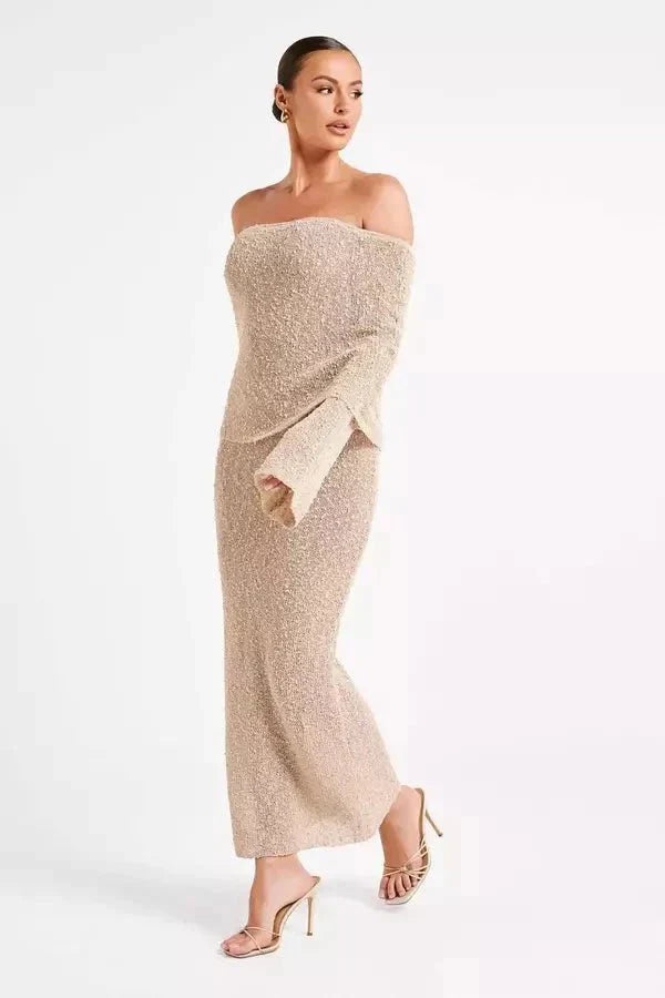 Isla | Damen Schulterfreies Midikleid Mit Langarm