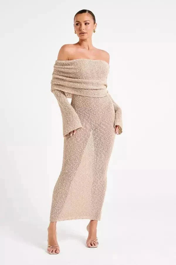 Isla | Damen Schulterfreies Midikleid Mit Langarm