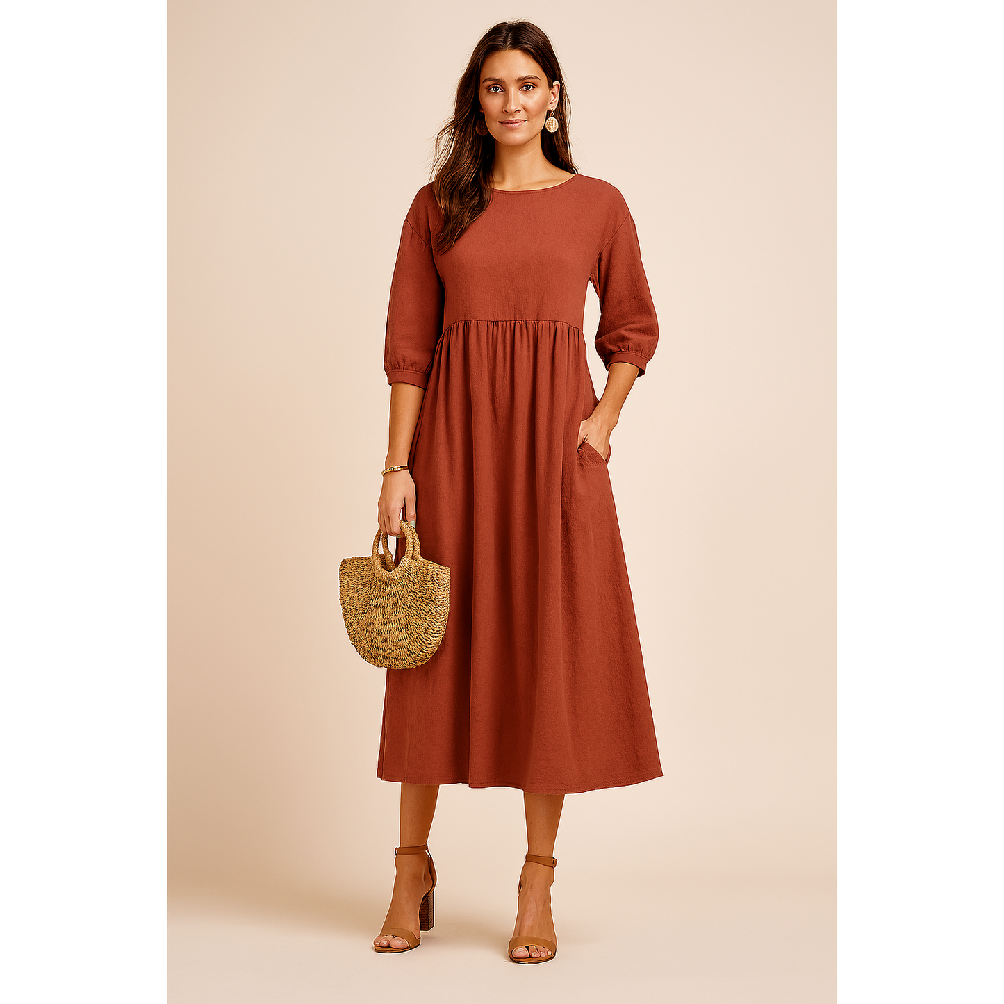 Marina | Damen Midikleid Mit Dreiviertelärmeln Und Seitentaschen