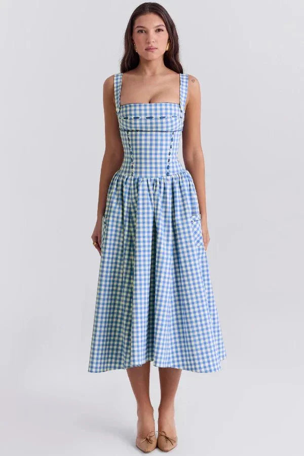 Mila | Damen Midikleid Mit Karomuster, Trägern Und Fronttaschen