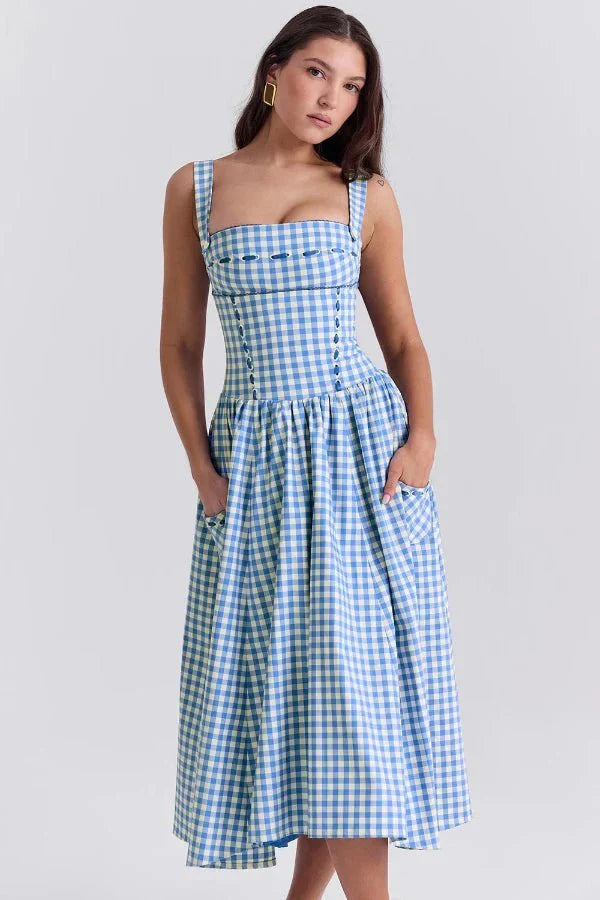 Mila | Damen Midikleid Mit Karomuster, Trägern Und Fronttaschen