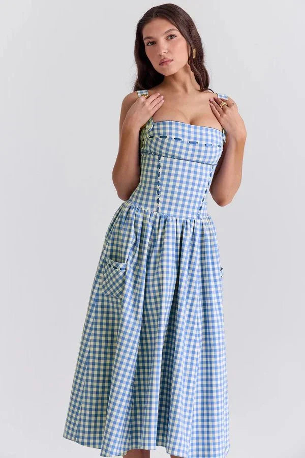 Mila | Damen Midikleid Mit Karomuster, Trägern Und Fronttaschen