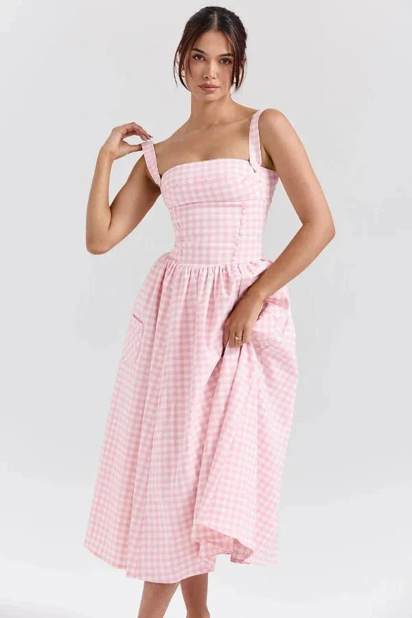 Mila | Damen Midikleid Mit Karomuster, Trägern Und Fronttaschen