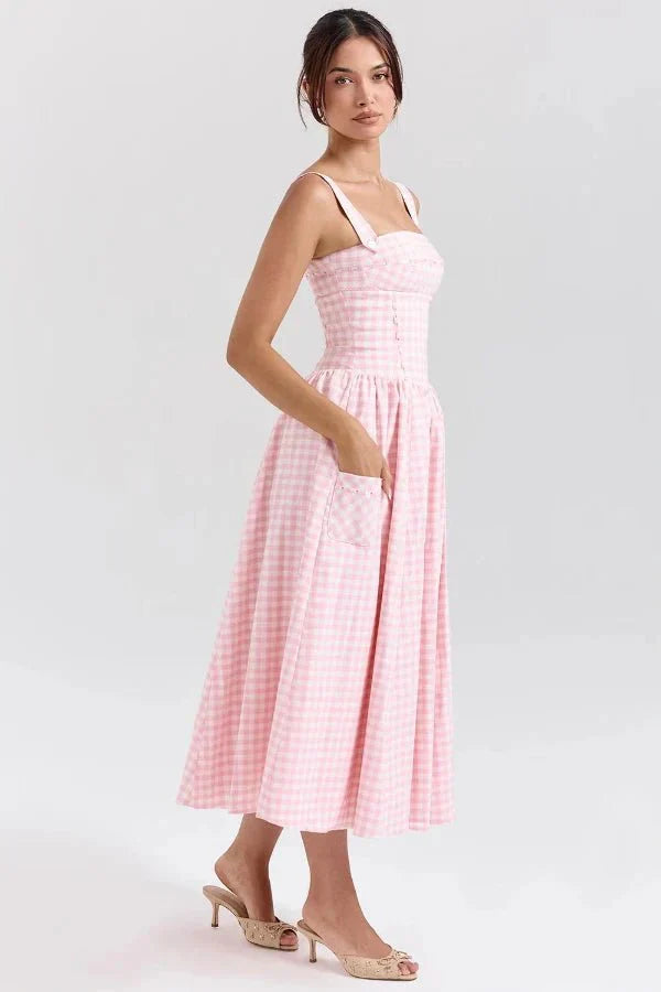 Mila | Damen Midikleid Mit Karomuster, Trägern Und Fronttaschen